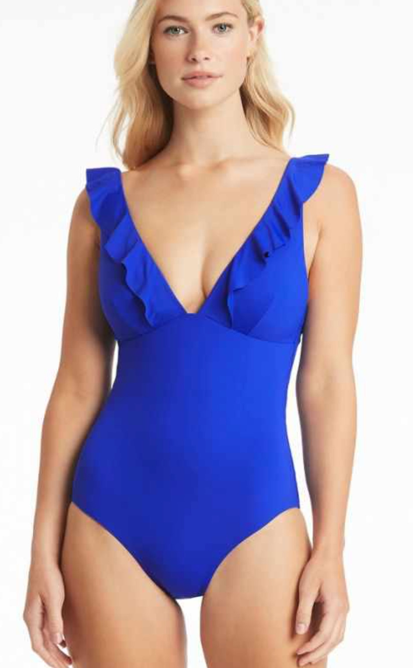 NEW SEA LEVEL COBALT BLUE ECO ESSENTIALS FRILL RUFFLE ONE PIECE SWIMSUIT SZ US 8